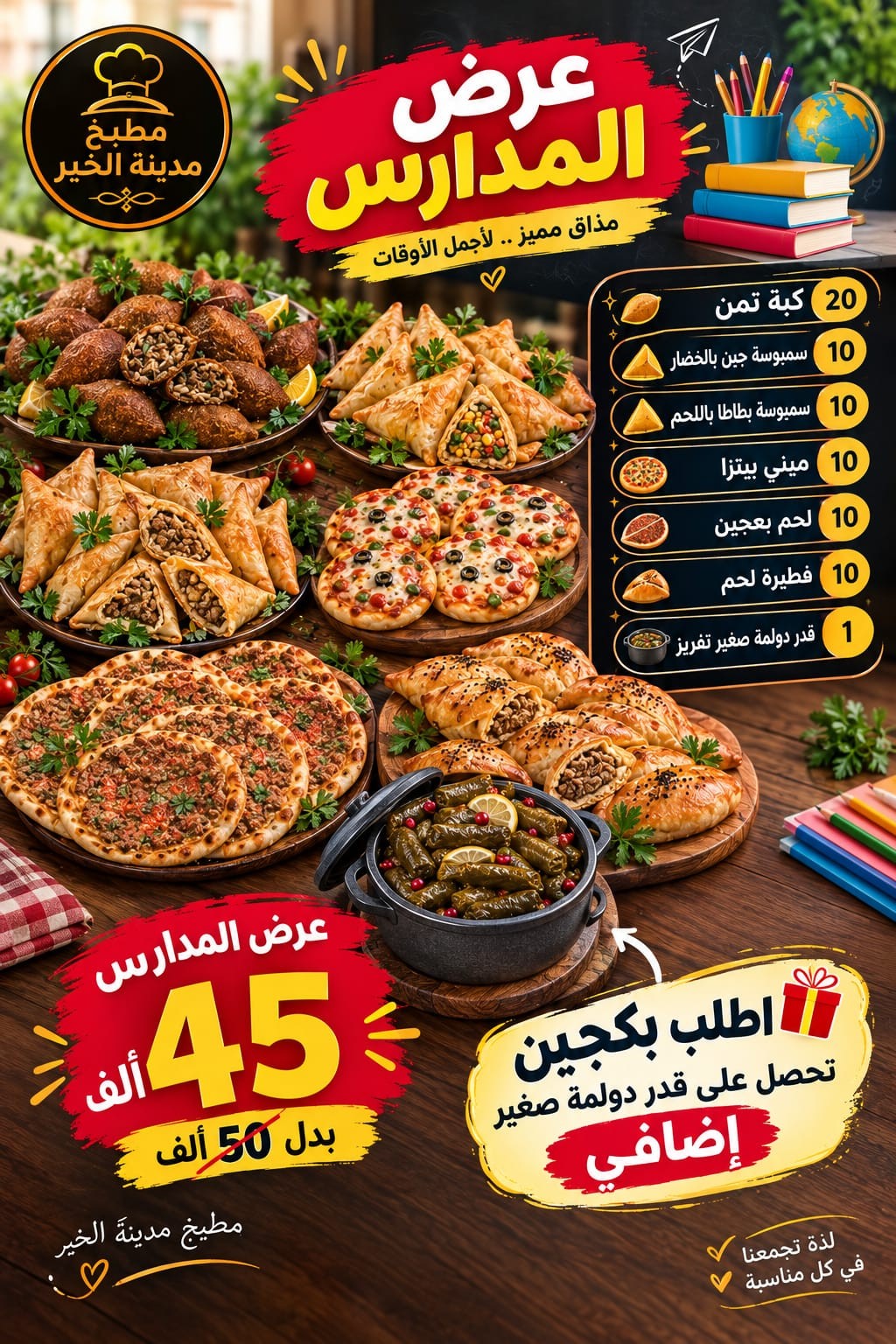 عرض المدارس: ٢٠ كبة تمن + ١٠ سمبوسة جبن بالخضار + ١٠ سمبوسة بطاطا باللحم + ١٠ ميني بيتزا + ١٠ لحم بعجين + ١٠ فطائر لحم + قدر دولمة صغير تفريز. عند طلب بكجين: قدر دولمة صغير إضافي.